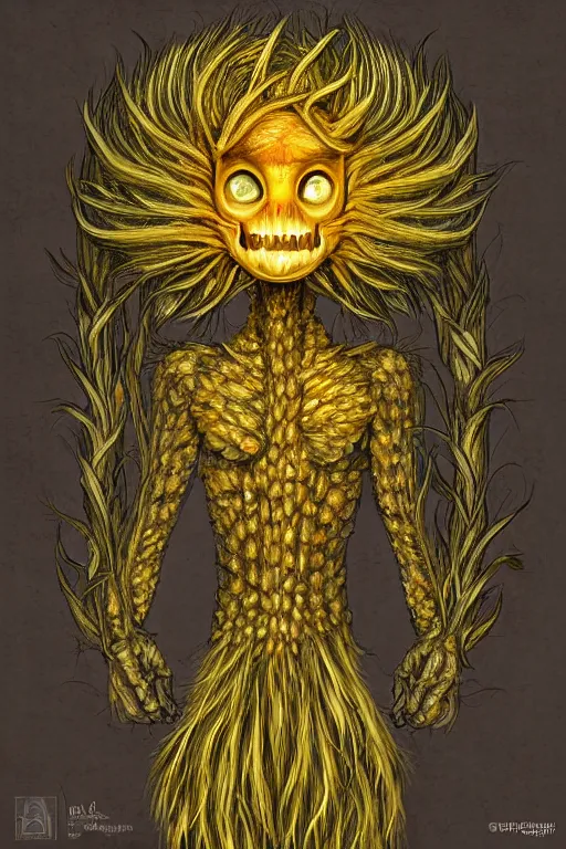 Image similar to corn dandelion humanoid figure monster, symmetrical, highly detailed, digital art, sharp focus, trending on art station, amber eyes, amber glowing