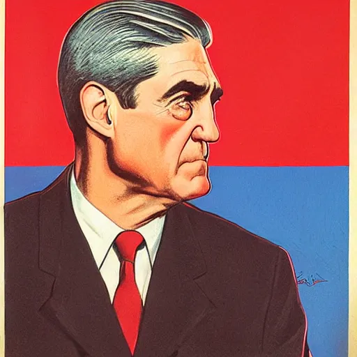 Prompt: propaganda poster of robert mueller standing in front of soviet flag by j. c. leyendecker, bosch, lisa frank, jon mcnaughton, and beksinski