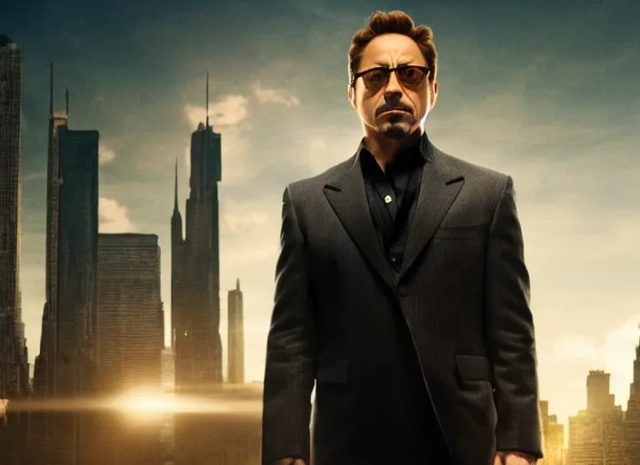 Image similar to film still of Robert Downey Jr as Cobb with the world bending in the background in Inception, 4k