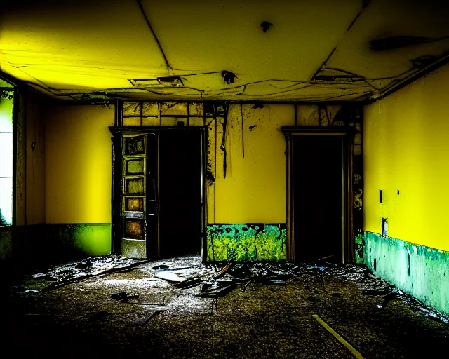 Image similar to the backrooms, the eerie forlorn atmosphere of a place that's usually bustling with people but is now abandoned and quiet, walls with tone of yellow, buzzing fluorescent lights, unsettling images