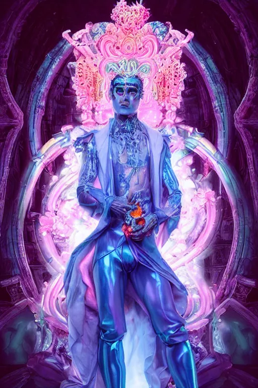 Prompt: full-body rococo and cyberpunk delicate neon crystalline sculpture of ((handsome muscular onyx albino prince Zayn Malik)) as an blue iridescent humanoid deity wearing ((peach plastic hooded cloak)) (holding a human skull) in a onyx castle dungeon, reclining, glowing pink face, crown of (pink lasers), large blue diamonds, swirling black silk fabric. futuristic elements. oozing glowing liquid, full-length view. space robots. intricate artwork by caravaggio. Trending on artstation, octane render, cinematic lighting from the right, hyper realism, octane render, 8k, depth of field, 3D