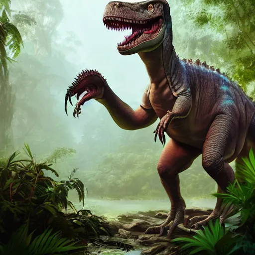 Prompt: a dinosaur in the jungle, huggy wuggy from poppy playtime video game, fullbody, ultra high detailed, oil painting, greg rutkowski, charlie bowater, yuumei, yanjun cheng, unreal 5, daz, hyperrealistic, octane render, rpg portrait, dynamic lighting, fantasy art, beautiful face