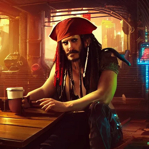 Image similar to a high quality portrait of a beautiful pirate in a cyberpunk cyberpunk cyberpunk cafe, realism, 8k, award winning photo