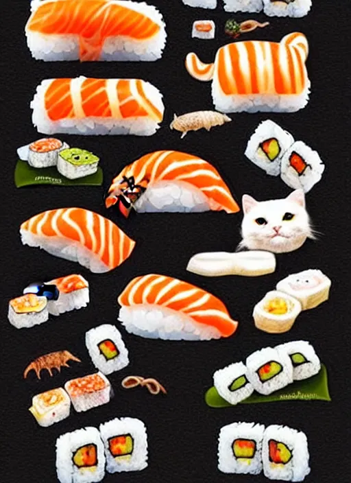 Image similar to clear photorealistic picture of adorable cats made out of sushi