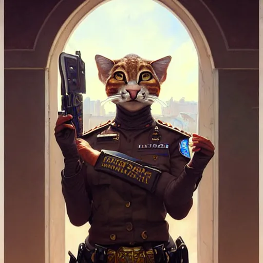 Image similar to portrait painting of a friendly tabaxi police officer, ultra realistic, concept art, intricate details, eerie, highly detailed, photorealistic, octane render, 8 k, unreal engine. art by artgerm and greg rutkowski and magali villeneuve and alphonse mucha