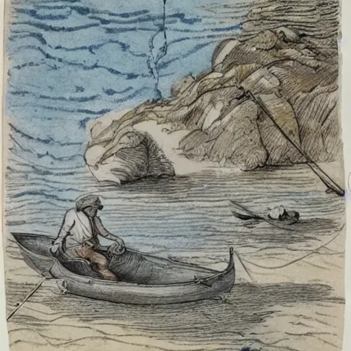 Prompt: highly detailed sketch of a man fishing on a tiny boat in the ocean by Maria Sibylla Merian