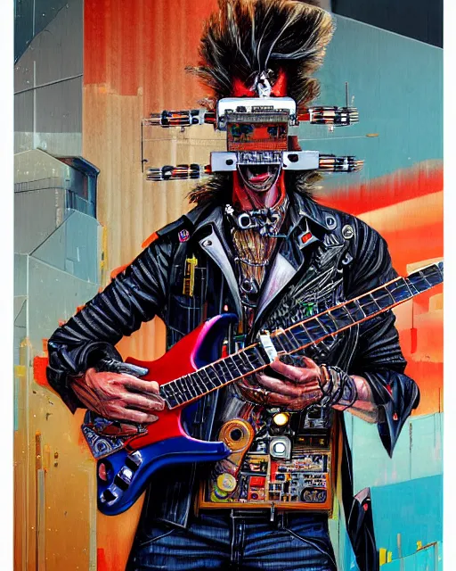 Image similar to a portrait of an anthropomorphic cyberpunk cowboy shredding an electric guitar by sandra chevrier, by jon foster, detailed render, tape deck, epic composition, cybernetics, 4 k realistic, cryengine, realistic shaded lighting, sharp focus, masterpiece, by enki bilal