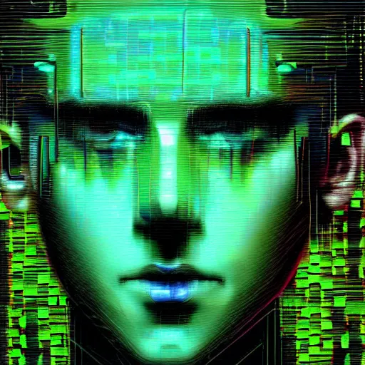 Image similar to hyperrealistic portrait of a cyberpunk teenager, male, confident, cybernetics, immersed within a glitch network, by Guy Denning, Metzinger, Russ Mills, glitch art, hyper focus, fine detail, hacking effects, digital tech effects, chromatic, color blocking!, green, acrylic on canvas, concept art, abstract, trending on cgsociety, trending on artstation