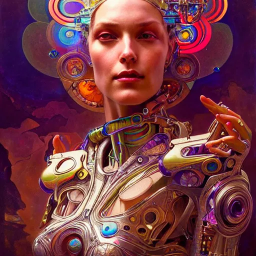 Prompt: extremely psychedelic cyborg queen of lsd. intricate, elegant, highly detailed, extremely lifelike photorealistic digital painting, artstation. steichen, gaston bussiere, tom bagshaw, cyberpunk alphonse mucha