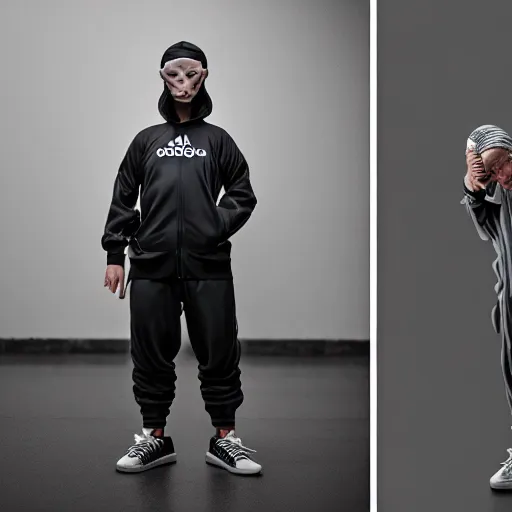 Image similar to Colour aesthetic Caravaggio style full body Photography of Highly detailed gopnik with 1000 year old detailed face, wearing Adidas sport suit and wearing highly detailed retrofuturistic sci-fi Neural interface designed by Hiromasa Ogura . In style of Josan Gonzalez and Mike Winkelmann and andgreg rutkowski and alphonse muchaand and Caspar David Friedrich and Stephen Hickman and James Gurney and Hiromasa Ogura. Rendered in Blender and Octane Render volumetric natural light