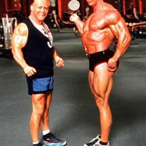 Prompt: trump pumping iron with Arnold wearing short shorts