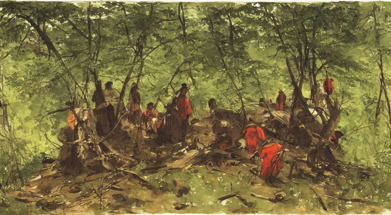 Prompt: Indian natives are waiting, hidden in the woods, watercolour by Winslow Homer, oil on canvas