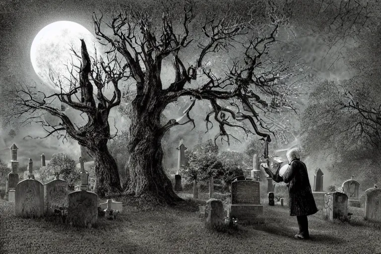 Prompt: the blind old wizard pours the magic elixir in the cemetery, dark night, full moon, crows on the oak tree, highly detailed digital art, photorealistic