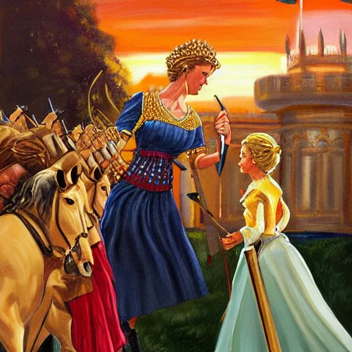 Prompt: painting of Princess Diana swordfighting Queen Elizabeth II, fantasy, epic, golden hour