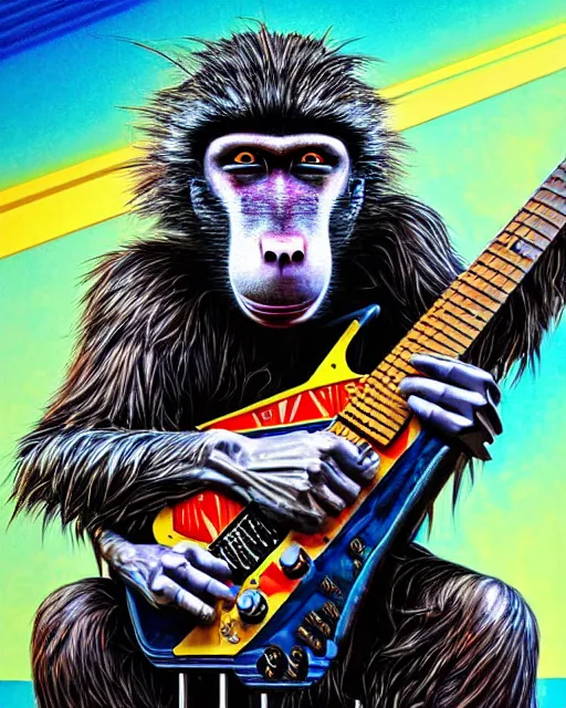 Image similar to a portrait of an anthropomorphic cyberpunk baboon shredding an electric guitar by sandra chevrier, by jon foster, detailed render, tape deck, epic composition, cybernetics, 4 k realistic, cryengine, realistic shaded lighting, sharp focus, masterpiece, by enki bilal