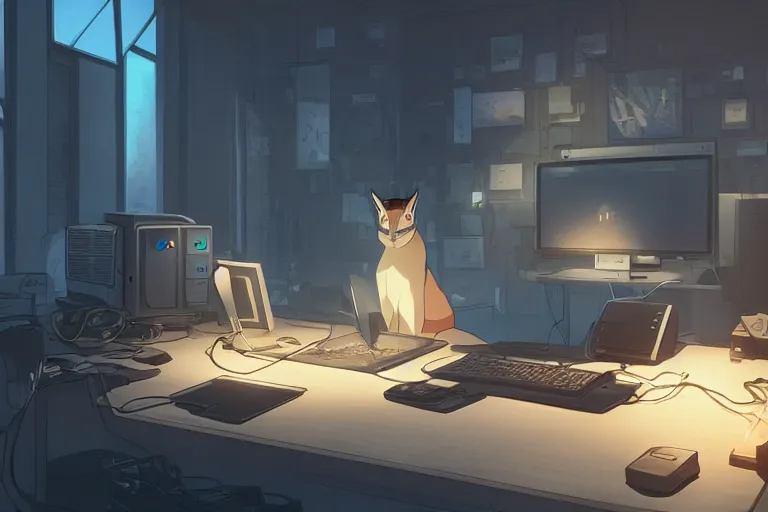 Image similar to a nerdy caracal is programming at a computer in a room full of gadgets, by makoto shinkai and ghibli studio, dramatic lighting, highly detailed, incredible quality, trending on artstation