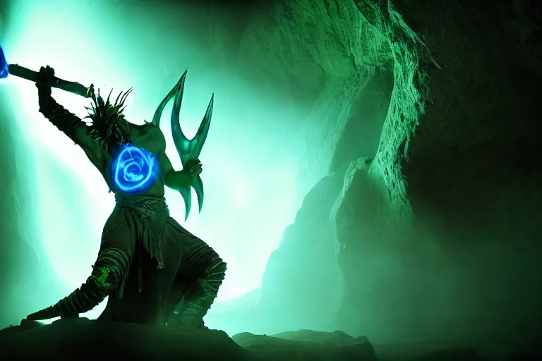 Image similar to vfx film, soul reaver, raziel irl, price of persia movie, missing jaw, hero pose, devouring magic souls, glowing green soul blade, in epic ancient sacred huge cave temple, flat color profile low - key lighting award winning photography arri alexa cinematography, hyper real photorealistic cinematic beautiful, atmospheric cool colorgrade