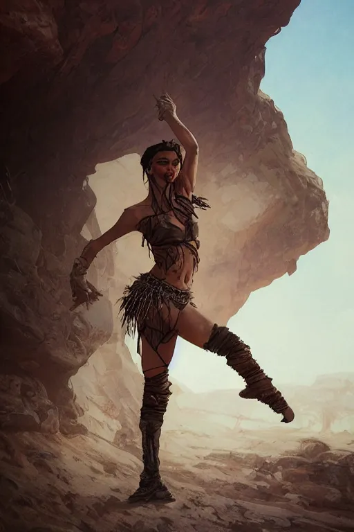 Image similar to a full body portrait of a beautiful post apocalyptic offworld desert bedouin thief savage rogue in ballet pose by the emerald oasis pools, intricate, elegant, highly detailed, digital painting, artstation, concept art, smooth, sharp focus, illustration, art by krenz cushart and artem demura and alphonse mucha