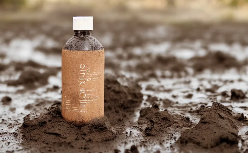 Prompt: a bottle of lotion, sitting in mud, product photography, behance