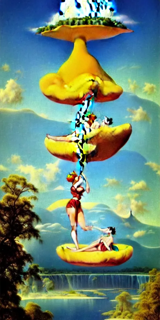 Prompt: floating island in the sky, with a waterfalls, 4k image, award winning by Gil Elvgren