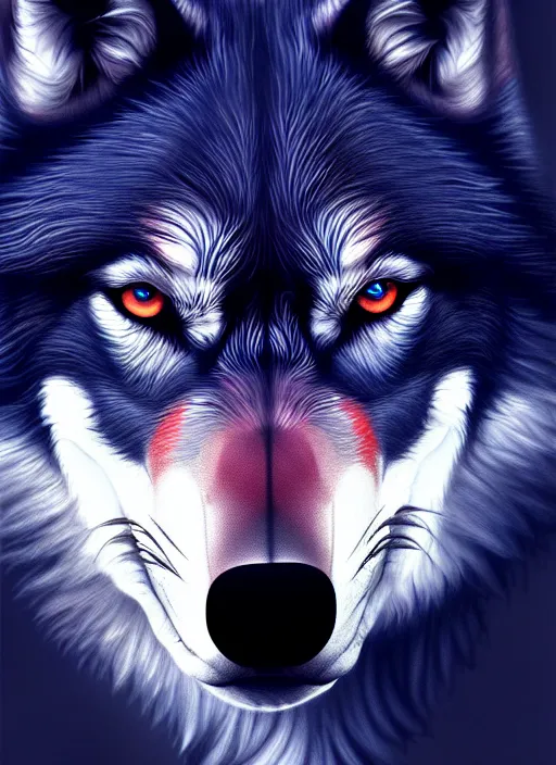 Prompt: dark blue wolf, red eyes highly detailed, deep focus, elegant, digital painting, smooth, sharp focus, illustration, ultra realistic, 8 k, art by wlop