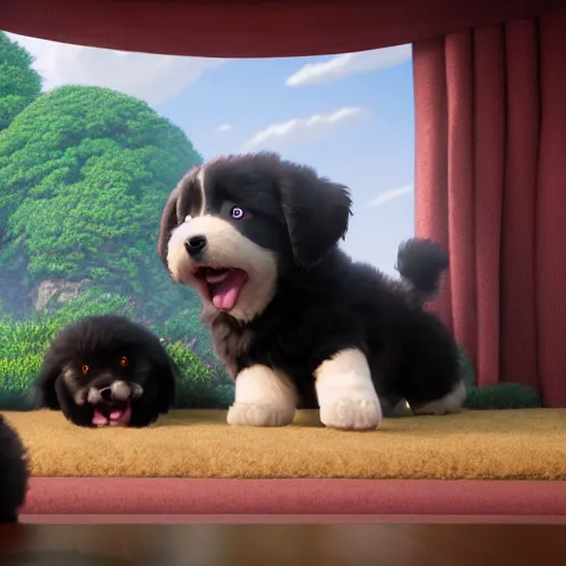 Image similar to a wholesome animation key shot of a black bernedoodle puppy, studio ghibli, pixar and disney illustration, sharp, rendered in unreal engine 5, anime key art by greg rutkowski, bloom, dramatic lighting