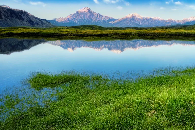 Prompt: a photo of a grassland expanse with gorgeous lakes and mountains in the far distance, photorealistic, 8 k