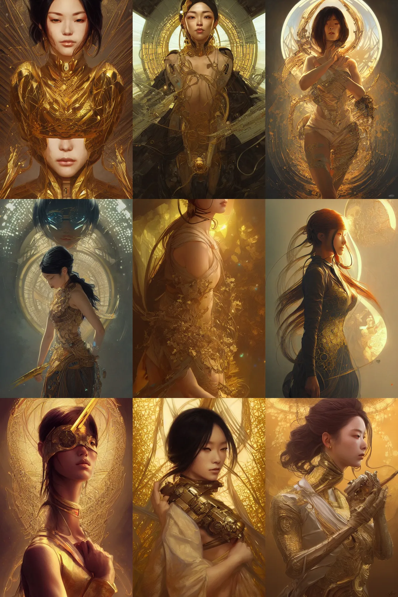 Prompt: Ultra realistic illustration, golden japanese woman, cyberpunk, sci-fi, fantasy, intricate, elegant, highly detailed, digital painting, artstation, concept art, smooth, sharp focus, illustration, art by artgerm and greg rutkowski and alphonse mucha