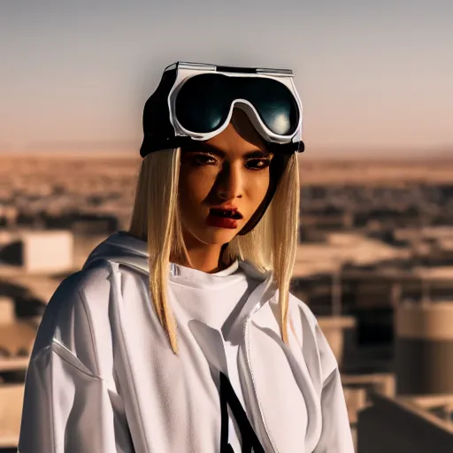 Image similar to photographic portrait of a streetwear woman, closeup, on the rooftop of a futuristic city overlooking a desert oasis, sigma 85mm f/1.4, 4k, depth of field, high resolution, 4k, 8k, hd, full color