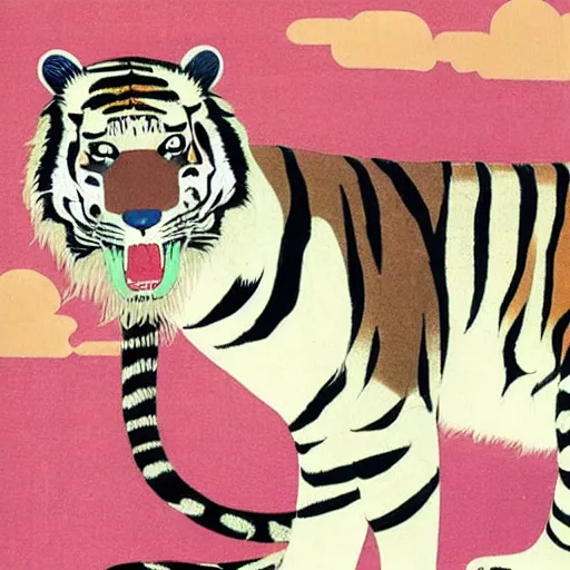 Image similar to a delorean protecting a tiger, japanese magazine collage, art by hsiao - ron cheng and utagawa kunisada