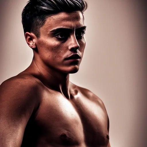 Image similar to a realistic detailed photo of a guy who is an attractive humanoid who is half robot and half humanoid, who is a male android, soccer player paulo dybala, shiny skin, posing like a statue, blank stare, in a living room, on display, showing off his muscles, with a twin