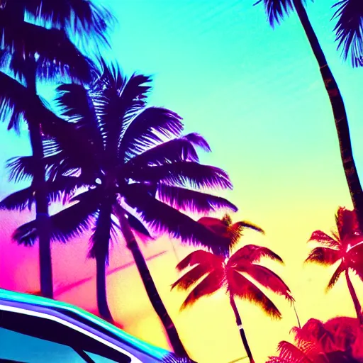 Prompt: deep dark style alien sunset electronic monster vibrant colours miami beach sunset vapor wave palm trees 80s synth retrowave delorean close up ultra detail contrast specular metal car