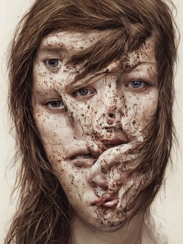 Prompt: Portrait photograph of young woman with dark brown hair, hyper-detailed face, hyperrealism, symmetrical face, natural colors, illustrated by Daniel Orive, Sam Spratt, Loish