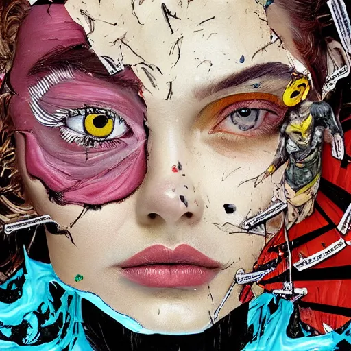 Image similar to a painting of a woman's face with torn-up superhero comics on her face, a surrealist painting, behance contest winner, pop surrealism, surrealist, detailed painting, poster art