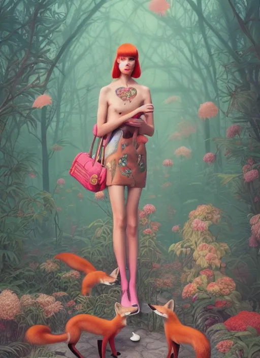 Image similar to pretty model with foxes : : by martine johanna and simon stalenhag and chie yoshii and casey weldon and wlop : : ornate, dynamic, particulate, rich colors, intricate, elegant, highly detailed, vogue, harper's bazaar art, fashion magazine, smooth, sharp focus, 8 k, octane render,