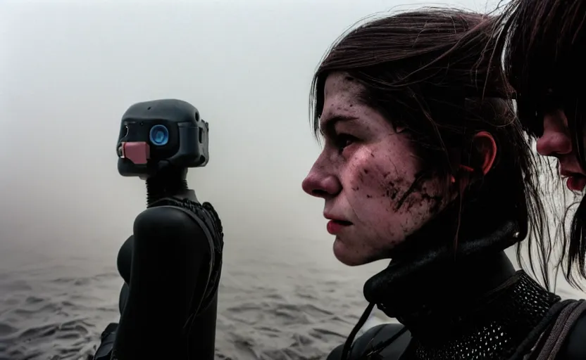 Image similar to cinestill 5 0 d candid photographic portrait by helen levitt of two loving female androids wearing rugged black mesh techwear in treacherous waters, extreme closeup, modern cyberpunk moody emotional cinematic, dust storm, 8 k, hd, high resolution, 3 5 mm, f / 3 2, ultra realistic faces, ex machina