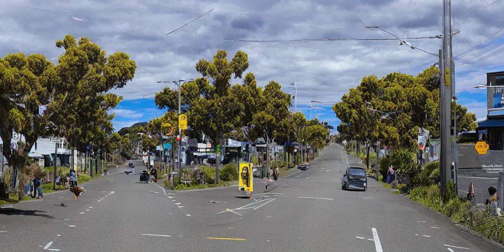 Image similar to a street in a new zealand city where the roads have been replaced by wetlands filled with flowering new zealand flax. tui birds drink nectar. google street view. very windy day. people walking on the footpath