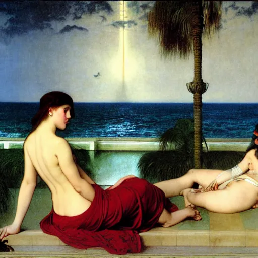 Image similar to Moon girl at the palace, thunderstorm, greek pool, beach and palm trees on the background major arcana sky, by paul delaroche, alphonse mucha and arnold böcklin arnold böcklin hyperrealistic 8k, very detailed