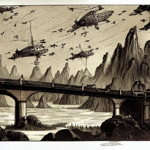 Image similar to The print shows a group of flying islands, each with its own unique landscape, floating in the night sky. The islands are connected by a network of bridges, and a small group of people can be seen walking along one of the bridges. by Franklin Booth artificial, melancholic