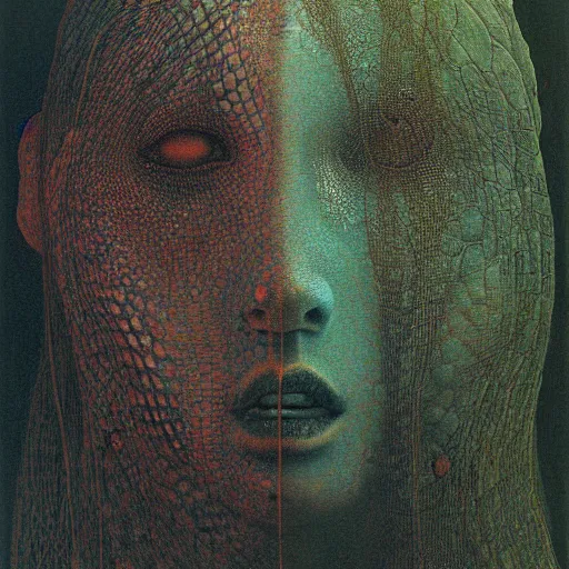 Prompt: portrait of lizard woman by Beksinski