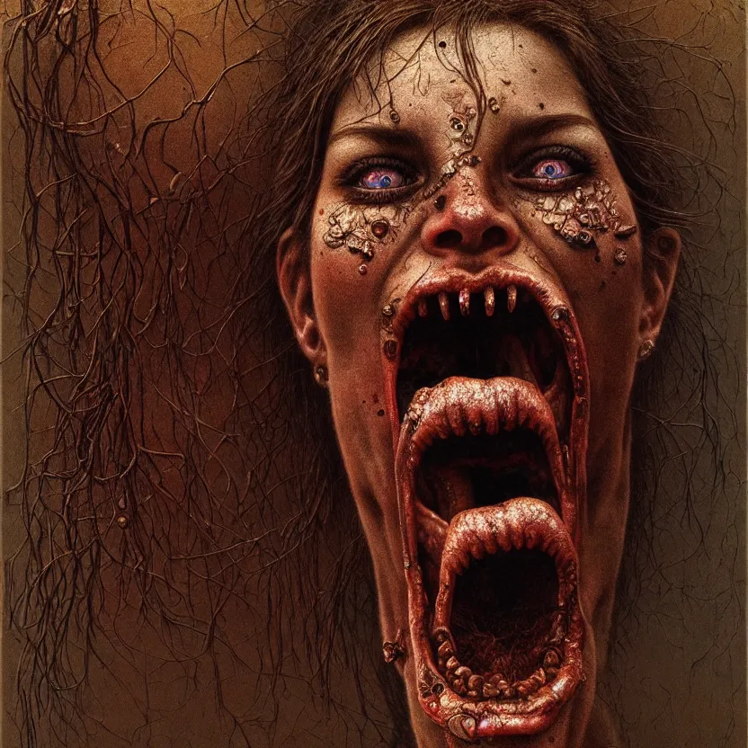 Image similar to ultra realist intricate detailed portrait of a single rugged attractive female screaming single mouth, full body, accurate features, apocalyptic, very intricate details, 8 k resolution, dim lighting, dramatic lighting, artstyle zdzisław beksinski, award winning