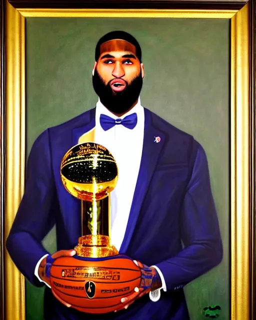 Image similar to portrait of demarcus cousins in boston celtics jersey, holding the larry o'brien trophy, oil on canvas by william sidney mount, champion, inspiring