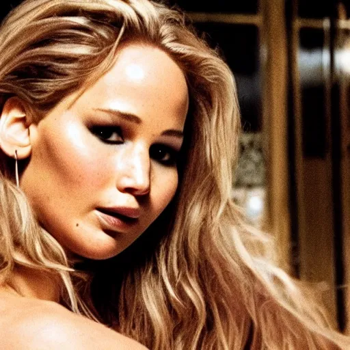 Prompt: Promo picture of Jennifer Lawrence as Toni Montana Scarface remake (2029)