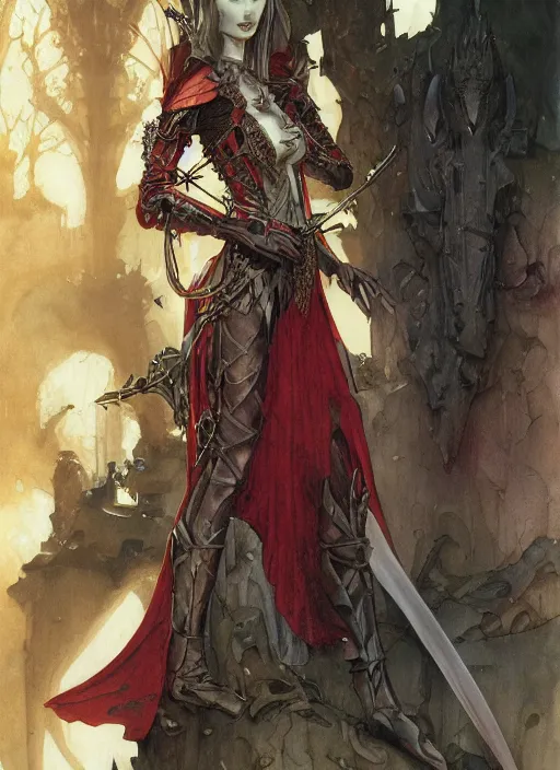 Image similar to drawing of a beautiful vampire woman, armor plates, full armor, red dress, by marc simonetti and brian froud and mike mignola and alfons maria mucha and peter mohrbacher, hyperdetailed