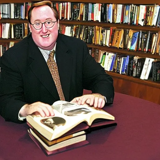 Prompt: 2 0 0 3 john lasseter wearing a black suit and necktie sitting in a bookstore at a round table. there are books being displayed on the table