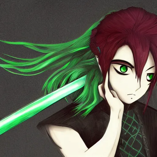 Image similar to swordsman, anime style, green hair, dark, animated, animation, detailed, illustration, moody