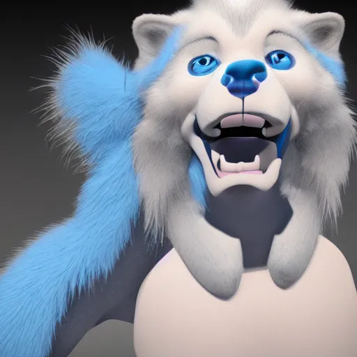 Image similar to 3 d render, well toned, large and tall, female anthropomorphic wolf with a short muzzle, blue scales and fur with white spots and wings on her back, icey blue dress, furr covering her chest.