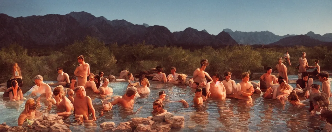 Image similar to people at a natural hot springs of with spaghetti, desert, sunset, kodachrome, in the style of wes anderson