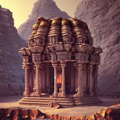 Image similar to ancient temple made of opal carved in opal, desolate and lush landscape, moody, :: by Jeff Koons, Dan McPharlin Daniel Merrian :: ornate, dynamic, particulate, rich colors, intricate, elegant, highly detailed, centered, artstation, smooth, sharp focus, octane render, 3d