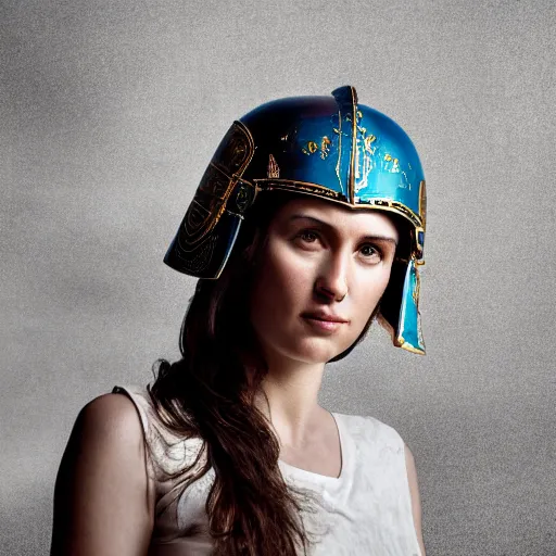 Image similar to a beautiful medium shot of athena the ancien greek goddess as a beautiful model looking of into the distance, wearing an antique athenian warrior helmet, wearing an ancien greek white tunic with bleu patterns, beautiful natural backlit light failing on her face, golden hour, by annie leibowitz